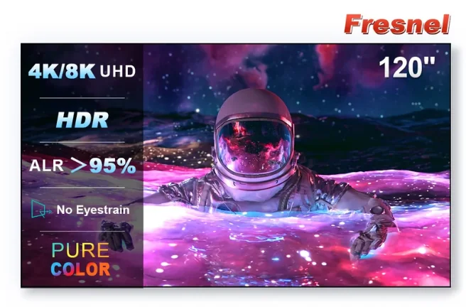 Promotional image for a 120-inch Fresnel UST projector screen showing 4K/8K, HDR and ambient-light-rejection claims